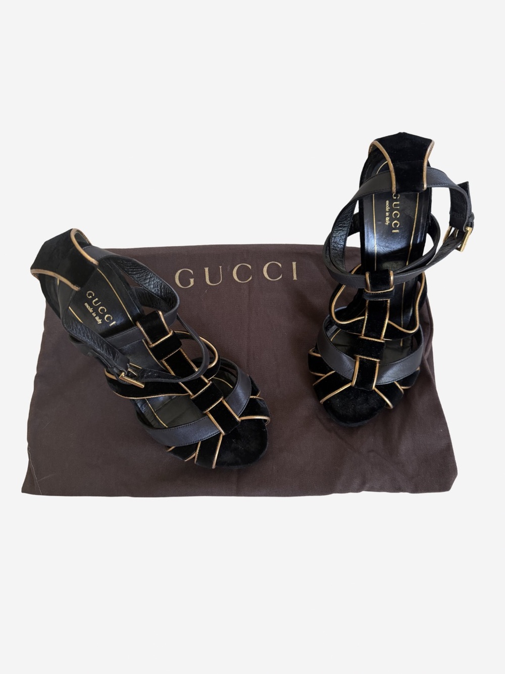 Gucci Black Leather Strappy Heels with Gold Piping